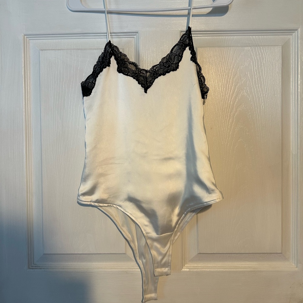 Zara White Satin Bodysuit with Black Lace